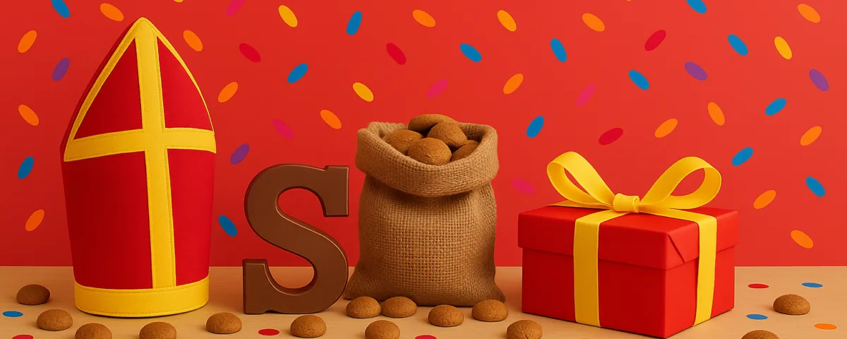 Een tafel met een mijter, chocoladeletter, kruidnoten en een cadeau.